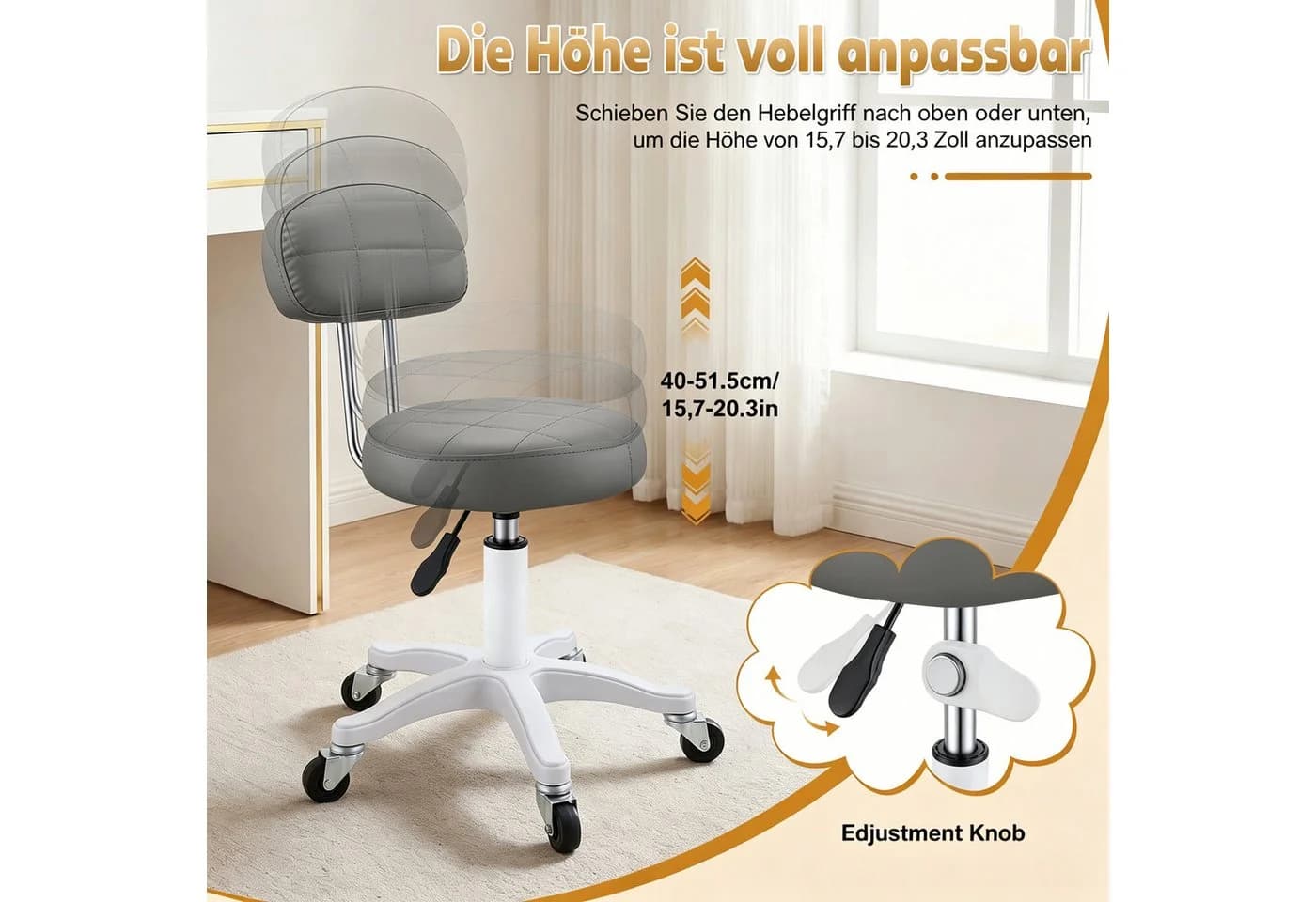 Rutaqian Drehhocker mit Rollen und Rückenlehne - Bild 3