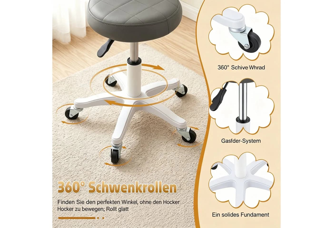 Rutaqian Drehhocker mit Rollen und Rückenlehne - Bild 4