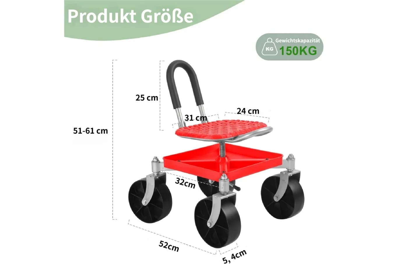 Rutaqian Rollsitz Fahrbarer Gartensitz mit Stauraum, Höhenverstellbar 51-61cm - Bild 3