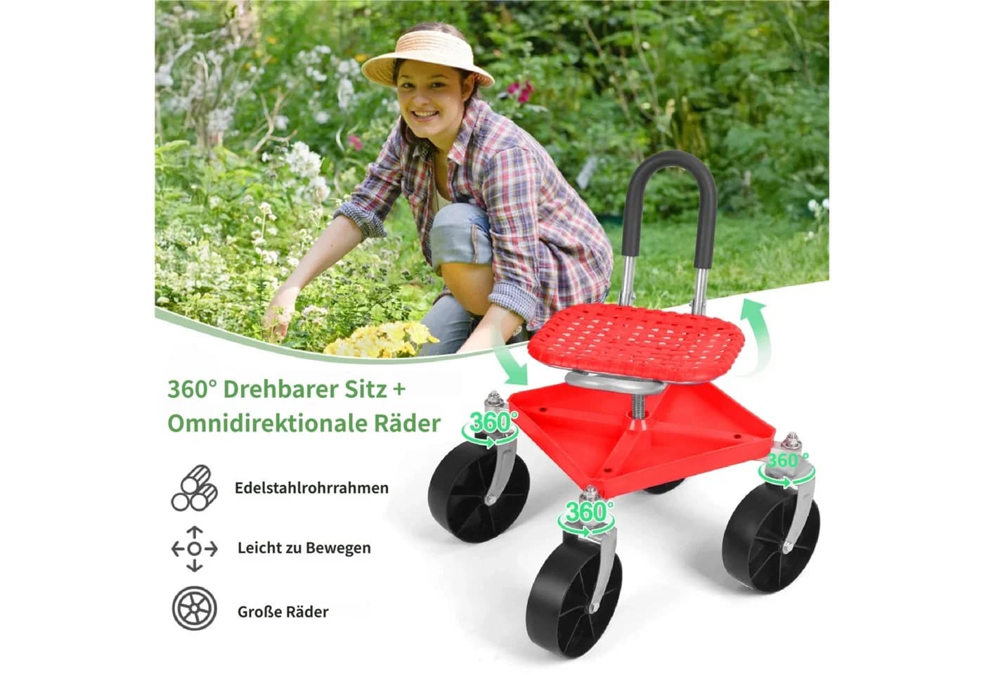 Rutaqian Rollsitz Fahrbarer Gartensitz mit Stauraum, Höhenverstellbar 51-61cm - Bild 4