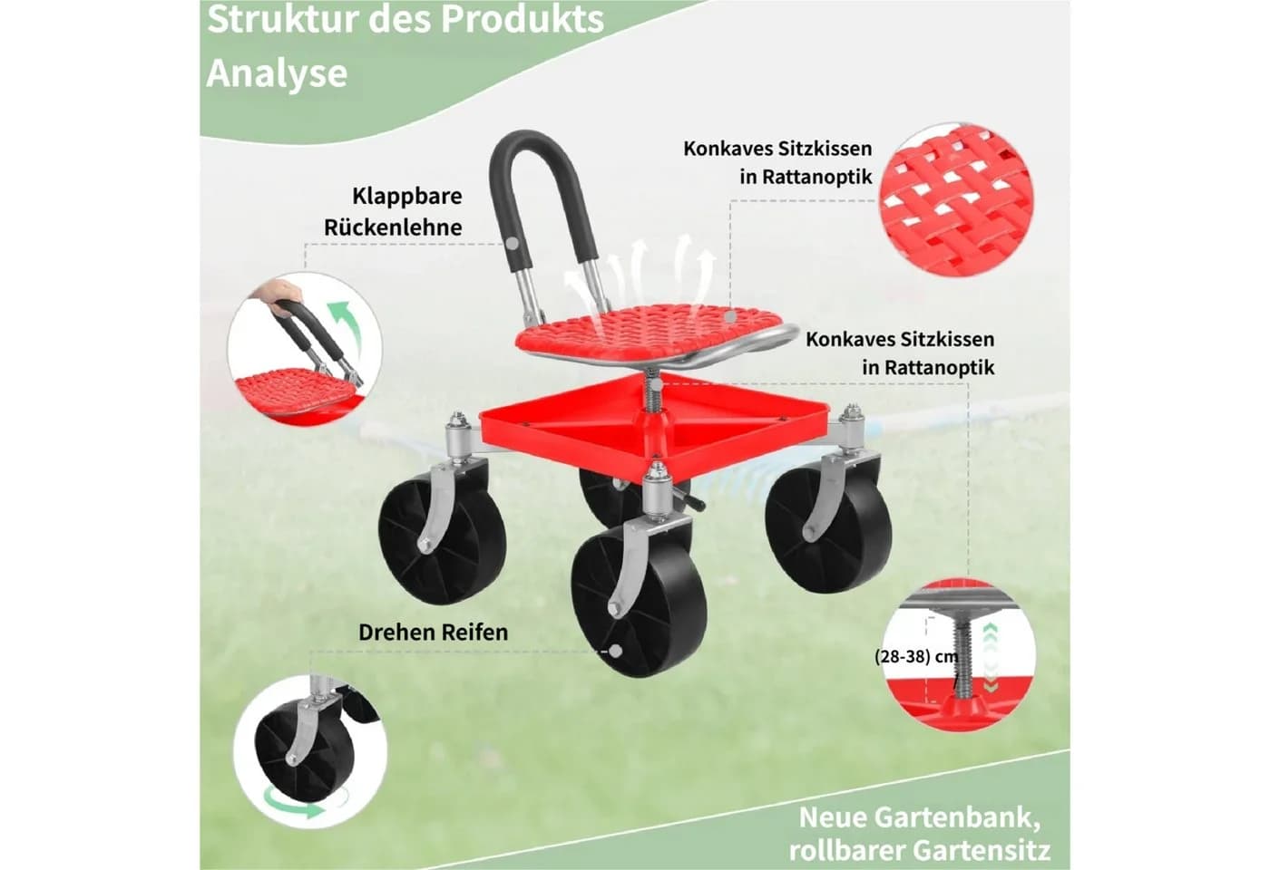 Rutaqian Rollsitz Fahrbarer Gartensitz mit Stauraum, Höhenverstellbar 51-61cm - Bild 5