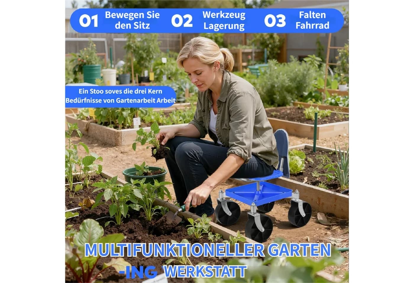 Rutaqian Mobiler Gartenhocker Blau Höhenverstellbar mit Rollen - Bild 3