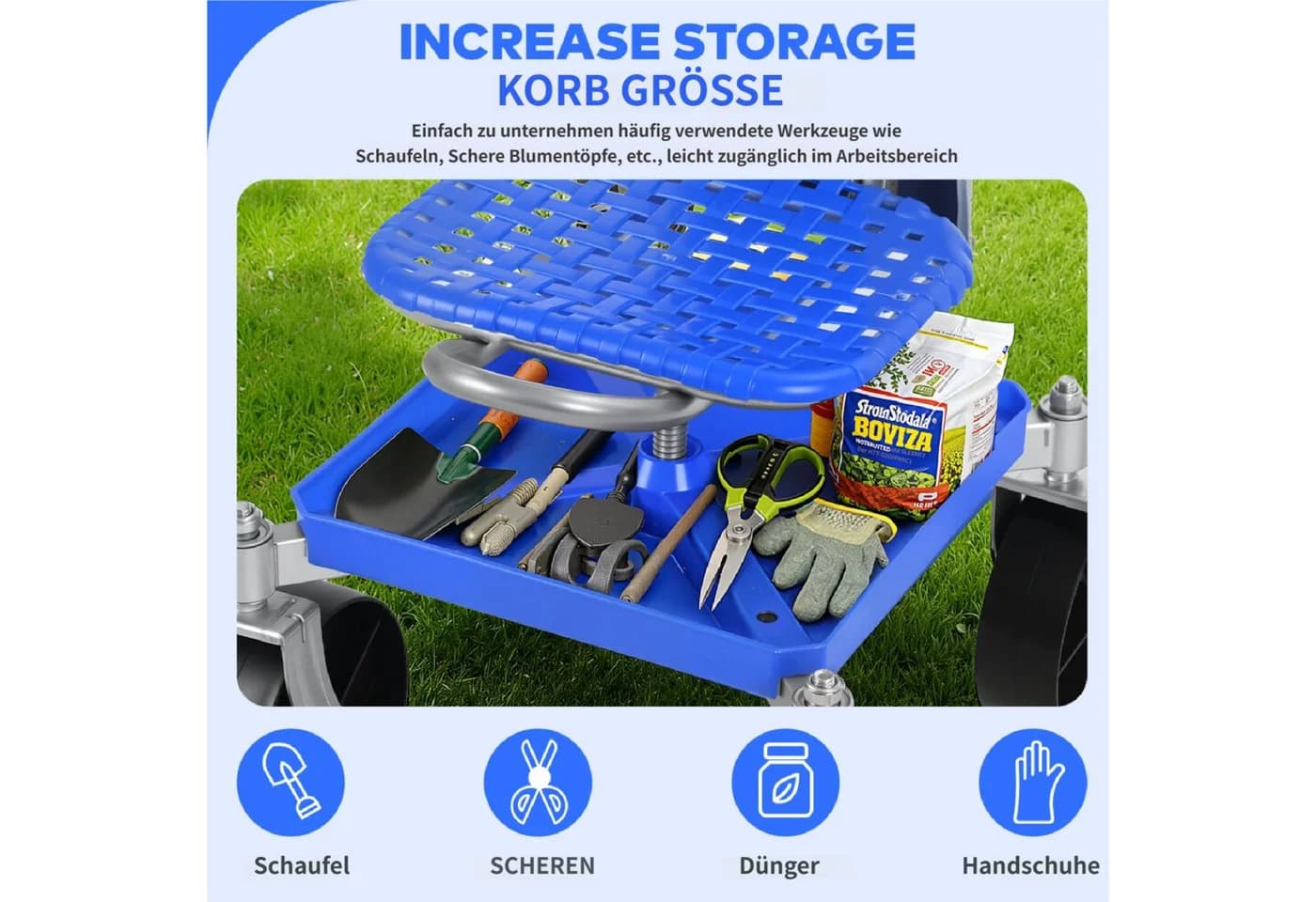 Rutaqian Mobiler Gartenhocker Blau Höhenverstellbar mit Rollen - Bild 5
