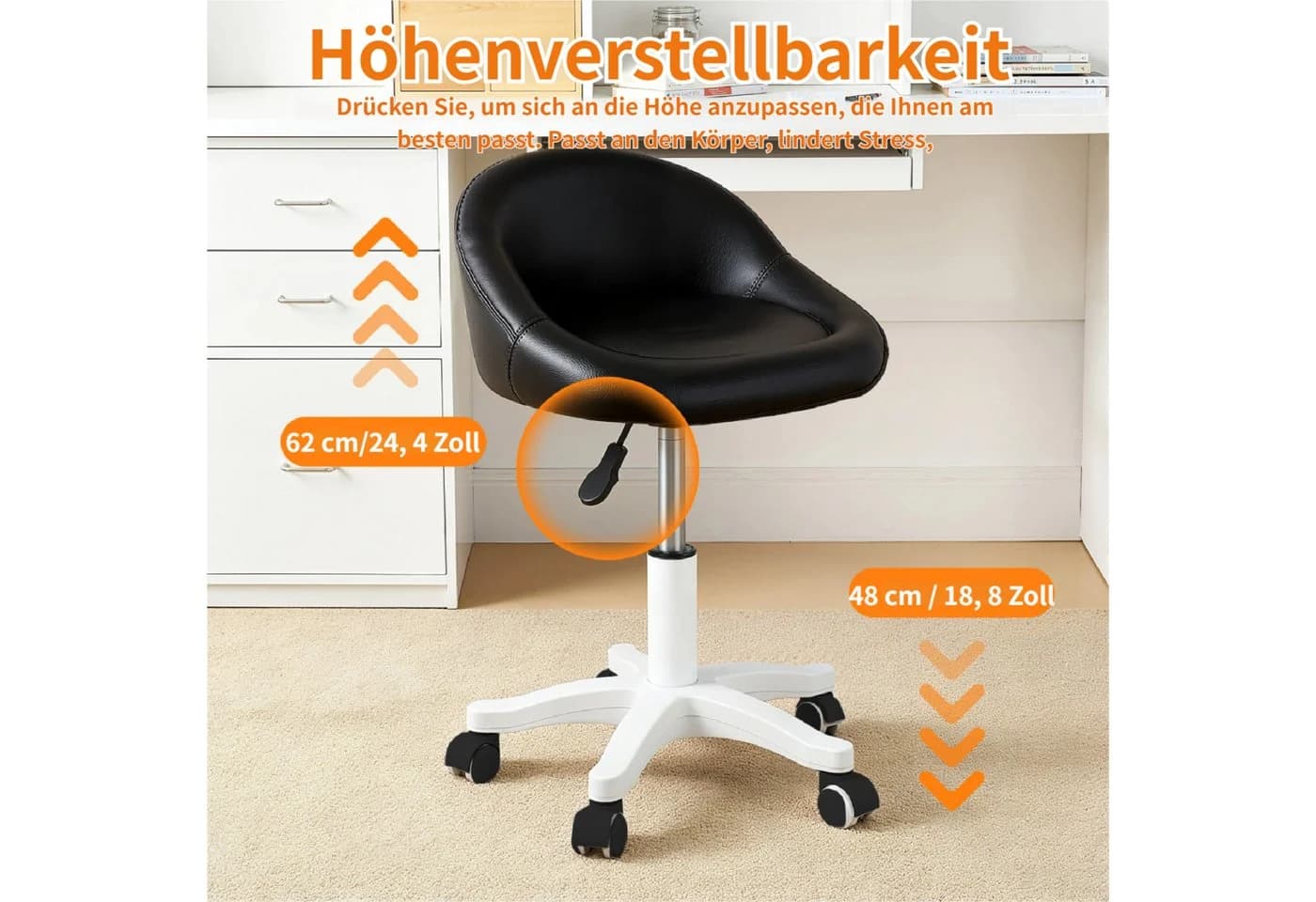 Rutaqian Drehhocker Schwarz Kunstleder höhenverstellbar mit Rollen - Bild 3