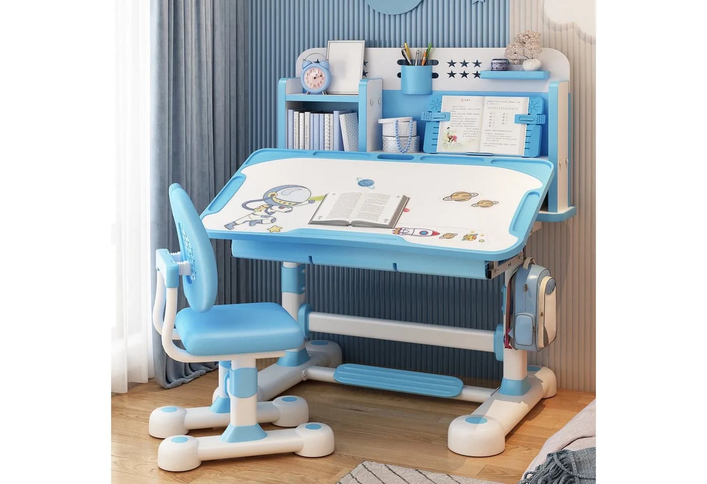 Rutaqian Kinderschreibtisch mit Stuhl und Schublade, höhenverstellbar, blau