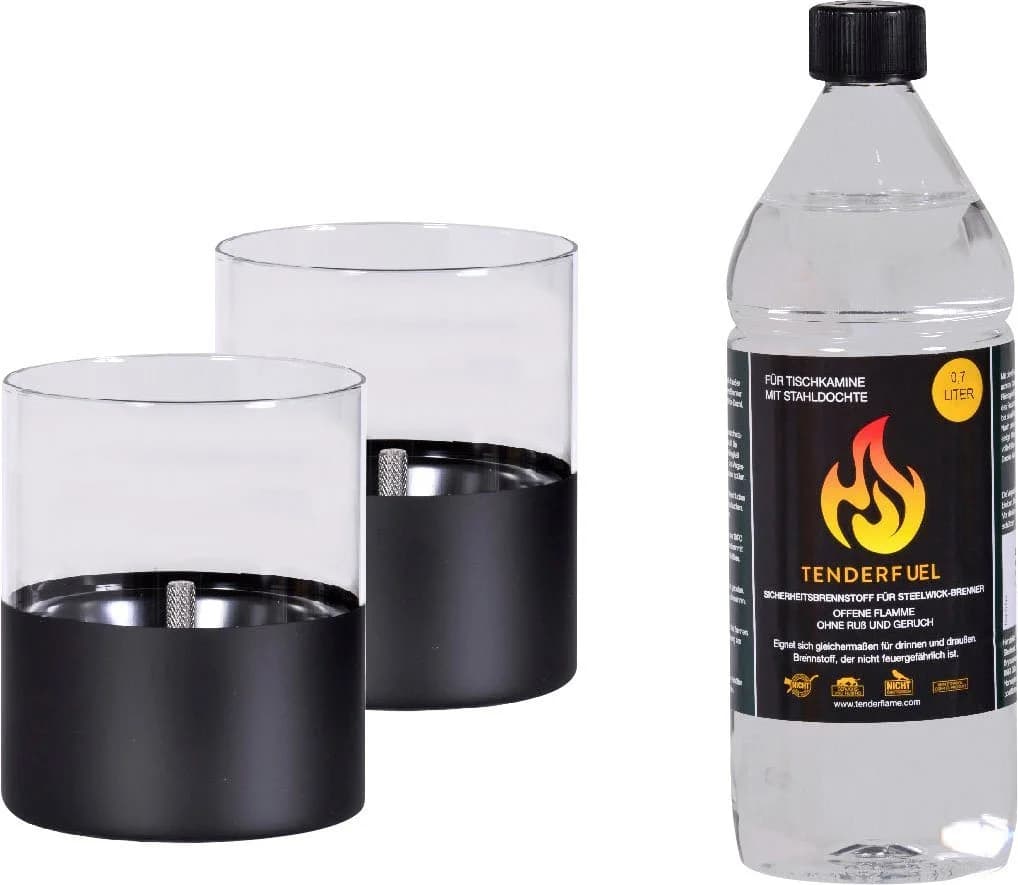TENDERFLAME Tischfeuer Lilly Set Schwarz mit Brennstoff