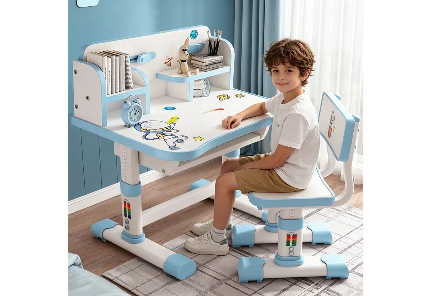 Rutaqian Kinderschreibtisch mit Bücherständer, Schüler-Schreibtisch und Stuhl, Ergonomischer Cartoon Design, Einfache Montage - Bild 2