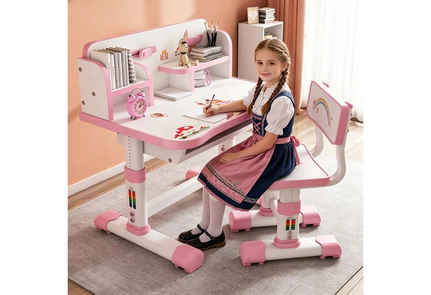 Rutaqian Kinderschreibtisch mit Bücherständer, Schüler-Schreibtisch und Stuhl, Ergonomischer Cartoon Design, Einfache Montage - Bild 2