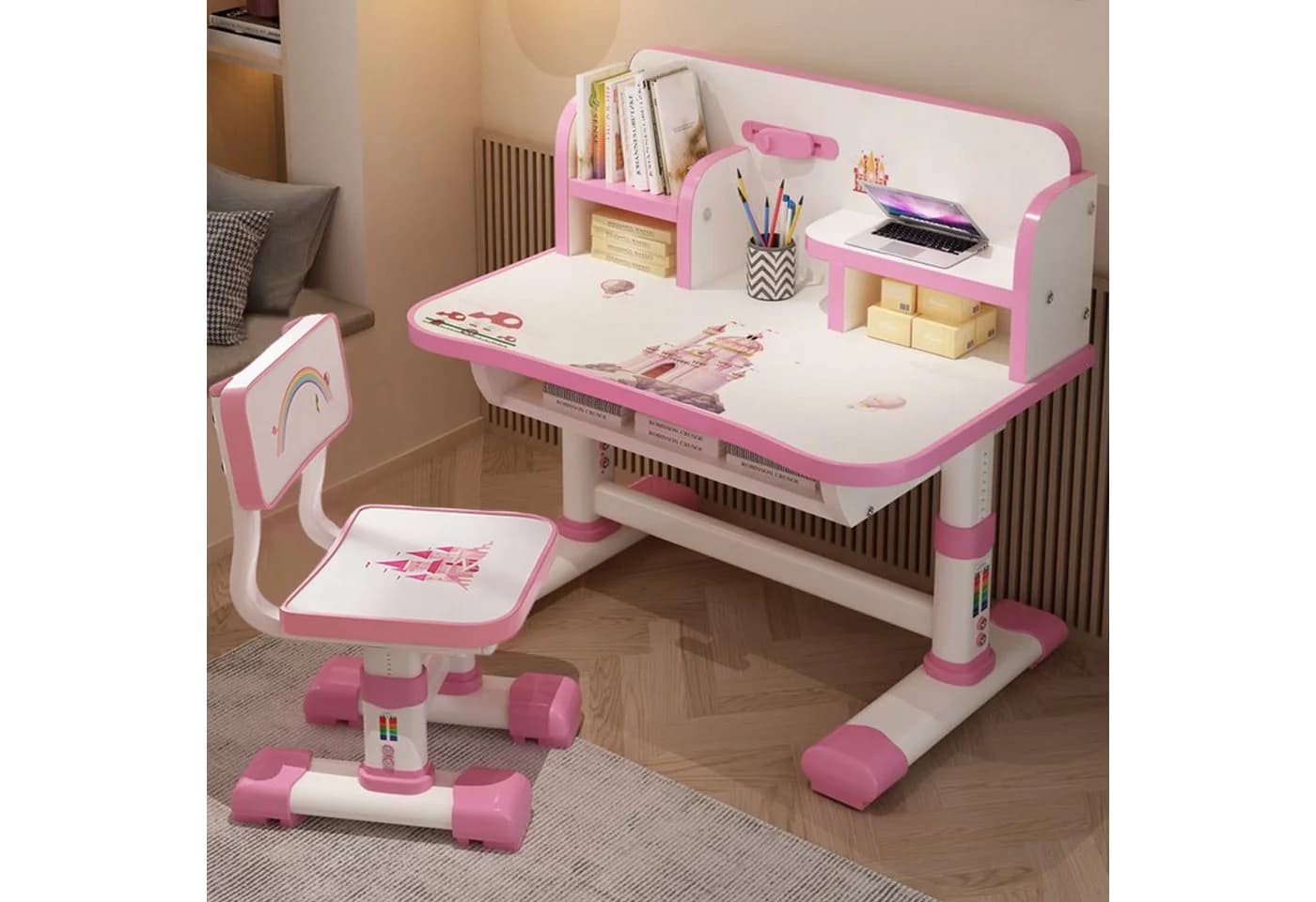 Rutaqian Kinderschreibtisch mit Bücherständer, Schüler-Schreibtisch und Stuhl, Ergonomischer Cartoon Design, Einfache Montage - Bild 5