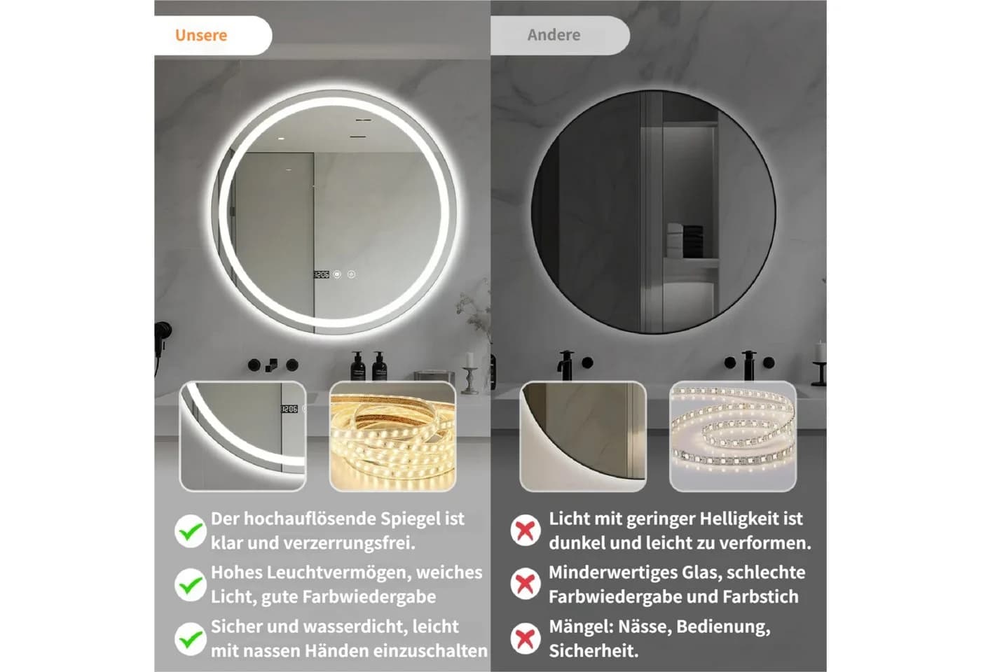 Rutaqian LED Badspiegel 60cm Rund mit Antibeschlag & Touchsensor - Bild 4