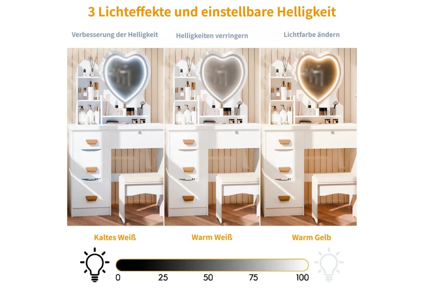 Rutaqian Schminktisch mit LED Herzspiegel, 4 Schubladen & Hocker - Bild 4