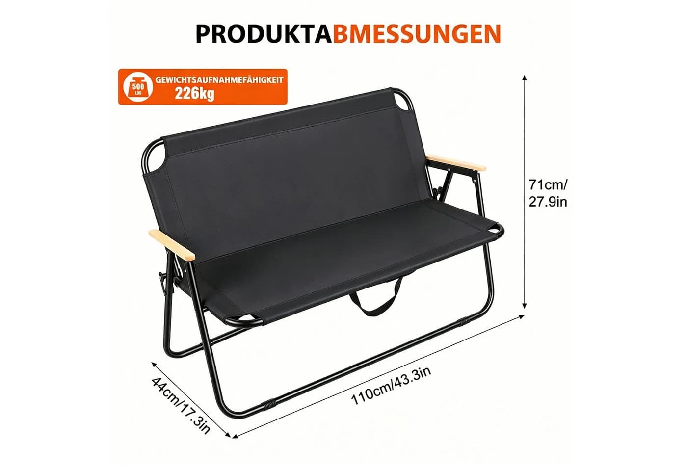 Rutaqian Gartenlounge-Bank Klappbar 2-Sitzer Schwarz