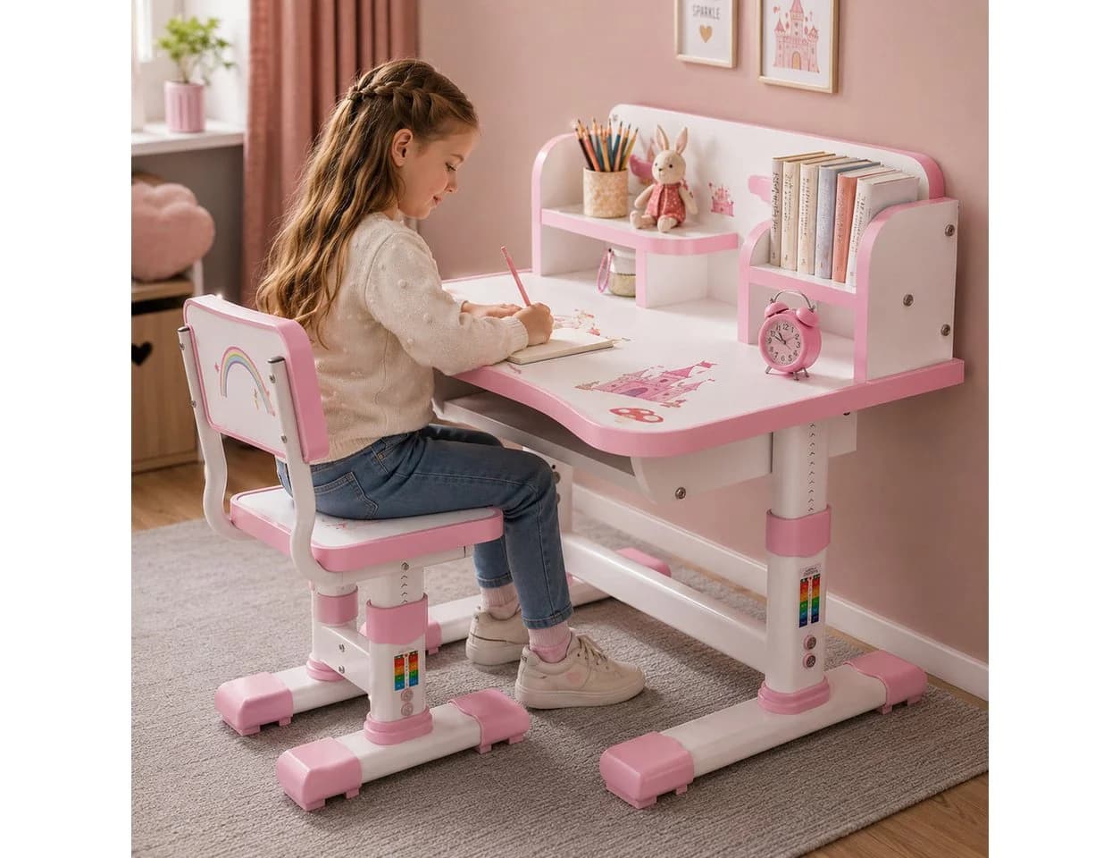 Rutaqian Kinderschreibtisch mit Stuhl höhenverstellbar Rosa - Bild 2
