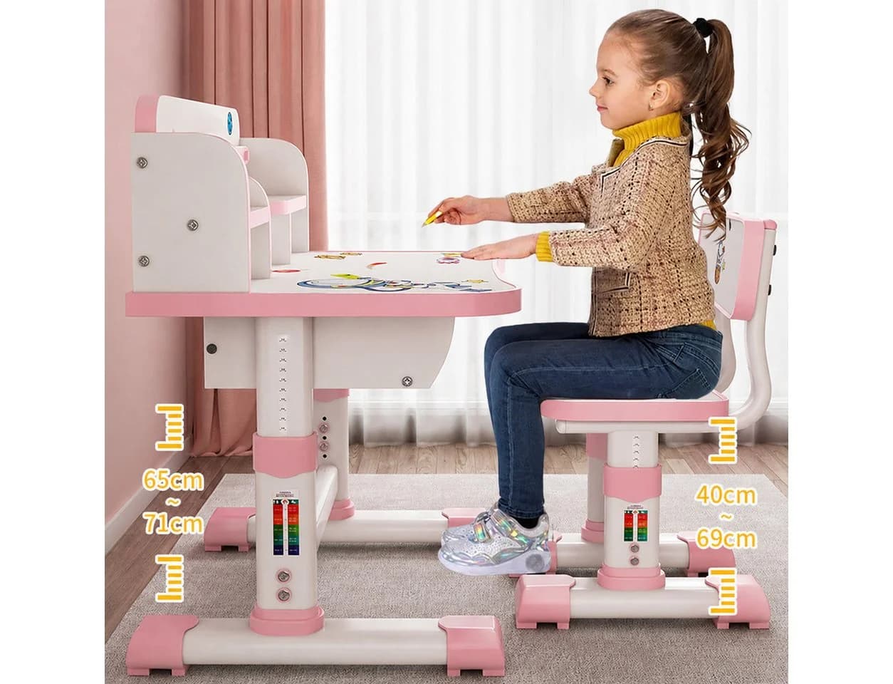 Rutaqian Kinderschreibtisch mit Stuhl höhenverstellbar Rosa - Bild 3