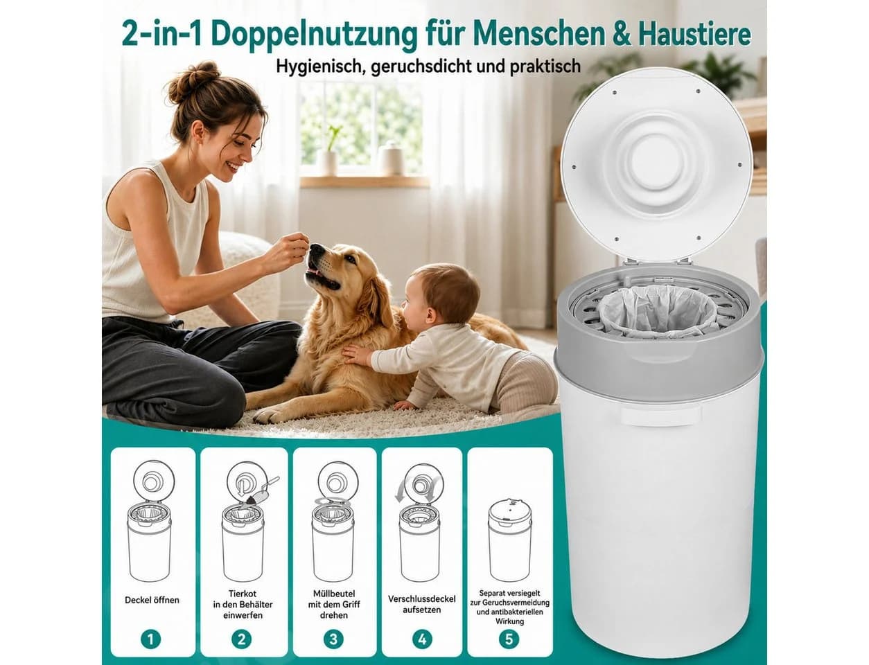 Rutaqian Windeleimer 13L Grau mit 360° Drehgriff und Geruchsverschluss - Bild 4