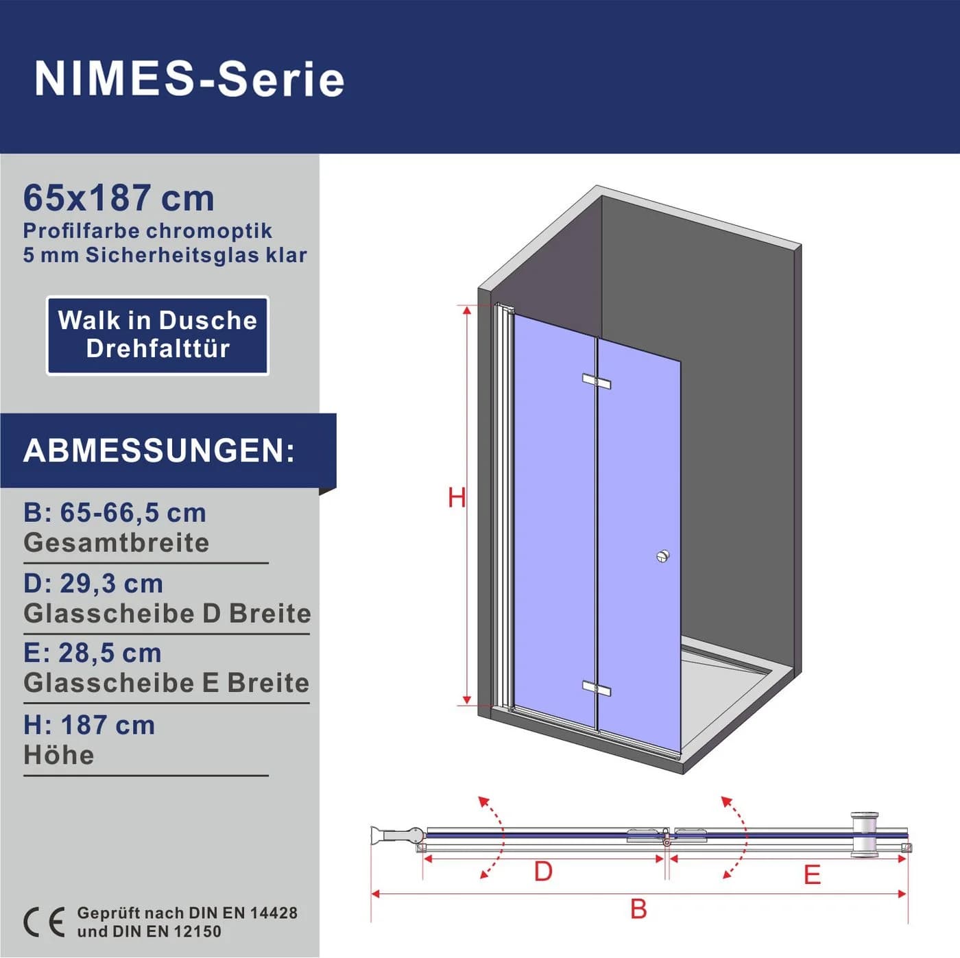 AQUABATOS Duschfaltwand rahmenlos ESG-Sicherheitsglas Falttür - Bild 5