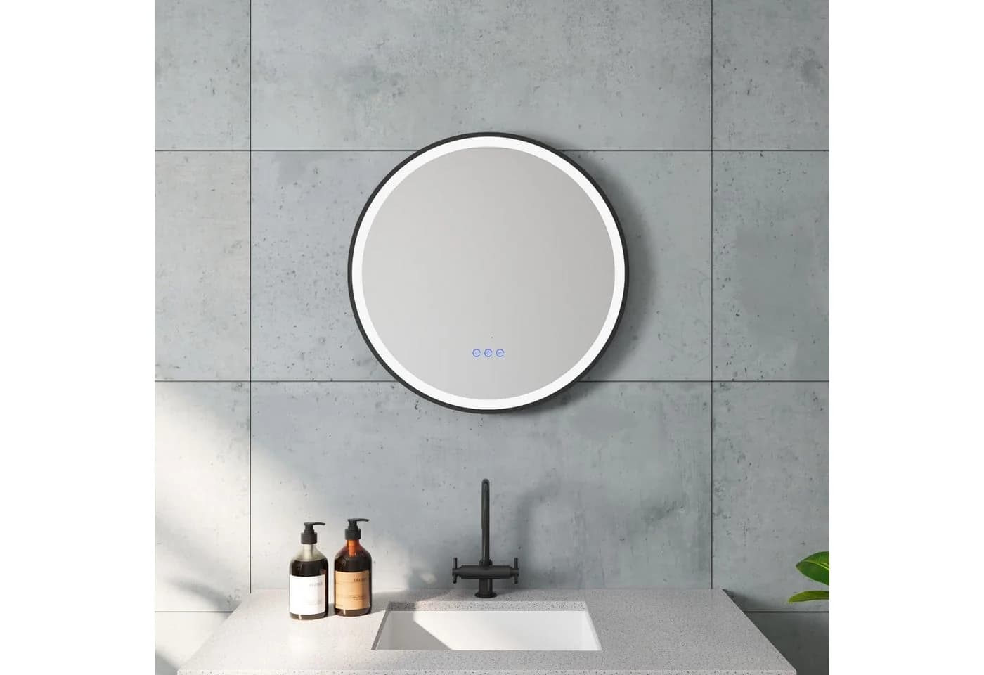 AQUABATOS LED Badspiegel rund silbermatt mit Touch-Sensor und Anti-Beschlag