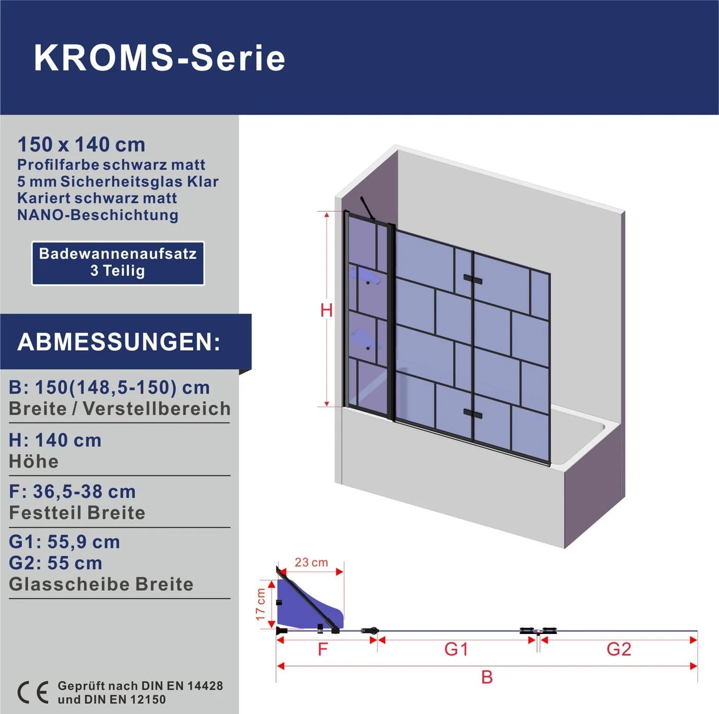 AQUABATOS Badewannenfaltwand Duschabtrennung 3-teilig Glas Spritzschutzwand - Bild 3