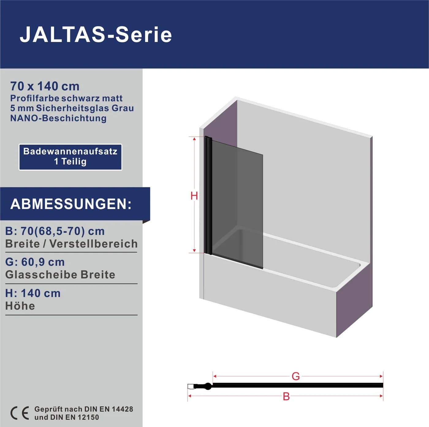 AQUABATOS Badewannenaufsatz Duschwand Grau Glas 70x140 cm - Bild 4