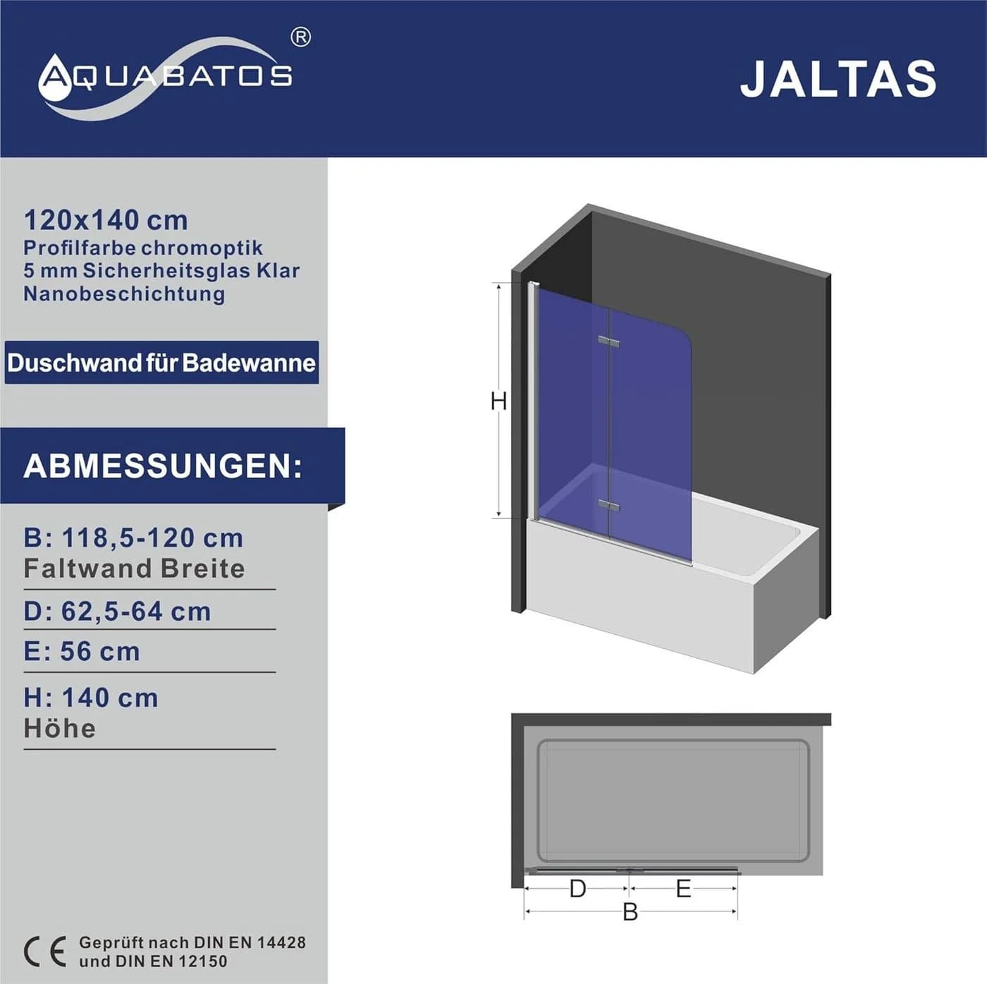 AQUABATOS Badewannenaufsatz Glas Duschwand 2-tlg. Falttür Chromoptik - Bild 4