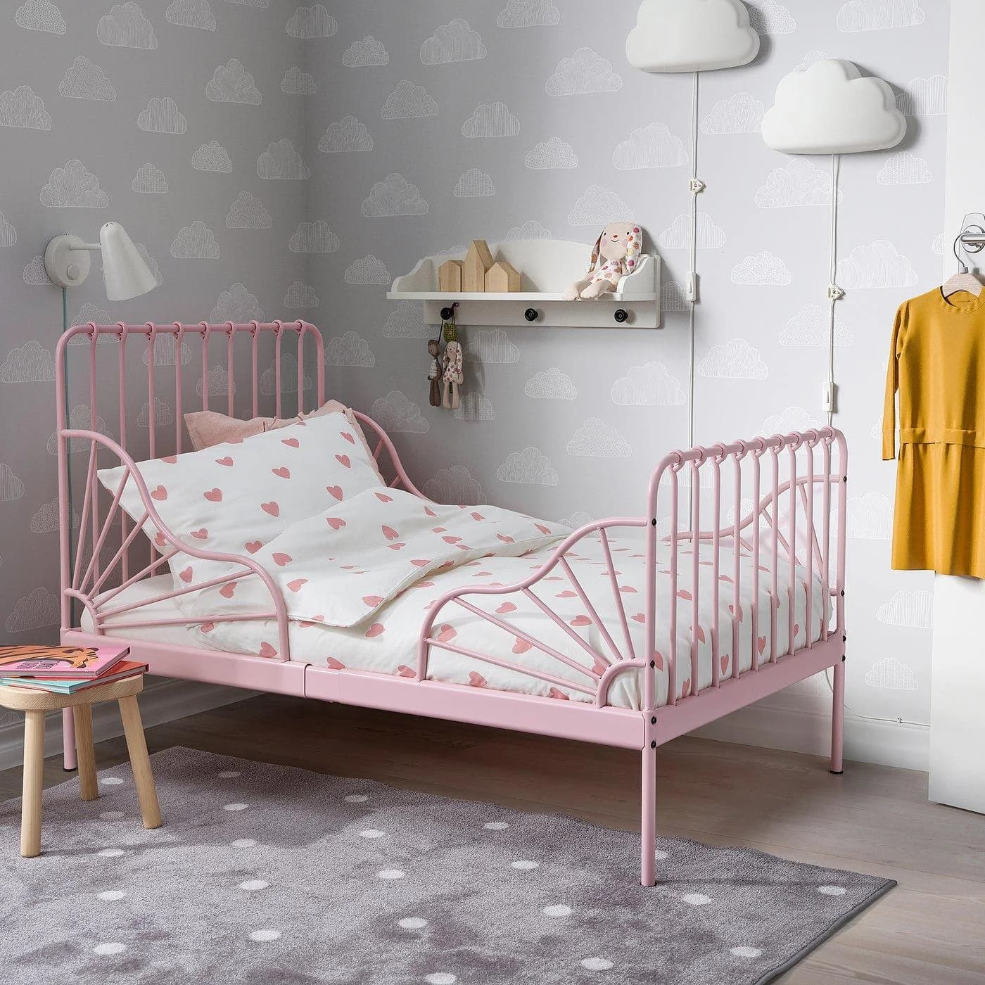 IKEA MINNEN Bettgestell mit Federholzrahmen ausziehbar Rosa