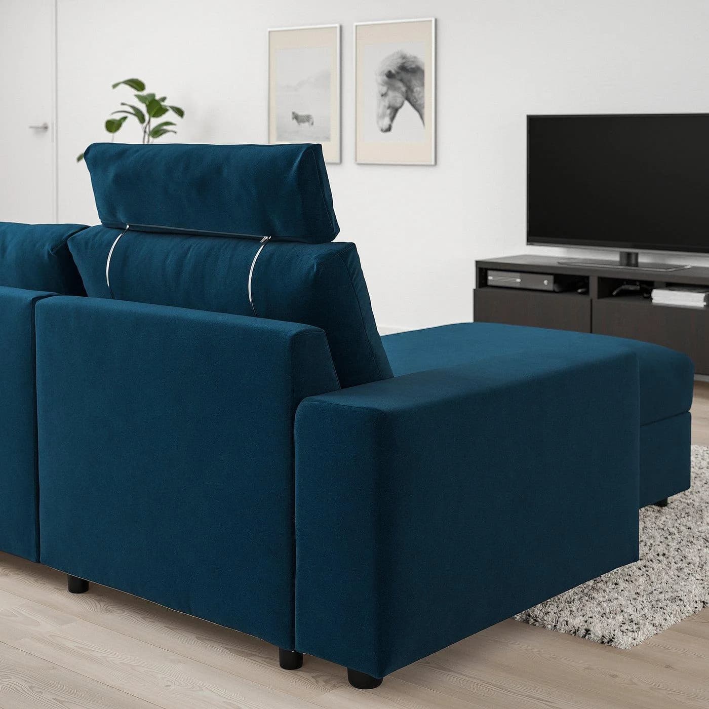 IKEA VIMLE 3er-Sofa mit Récamiere, dunkelgrünblau, Samt