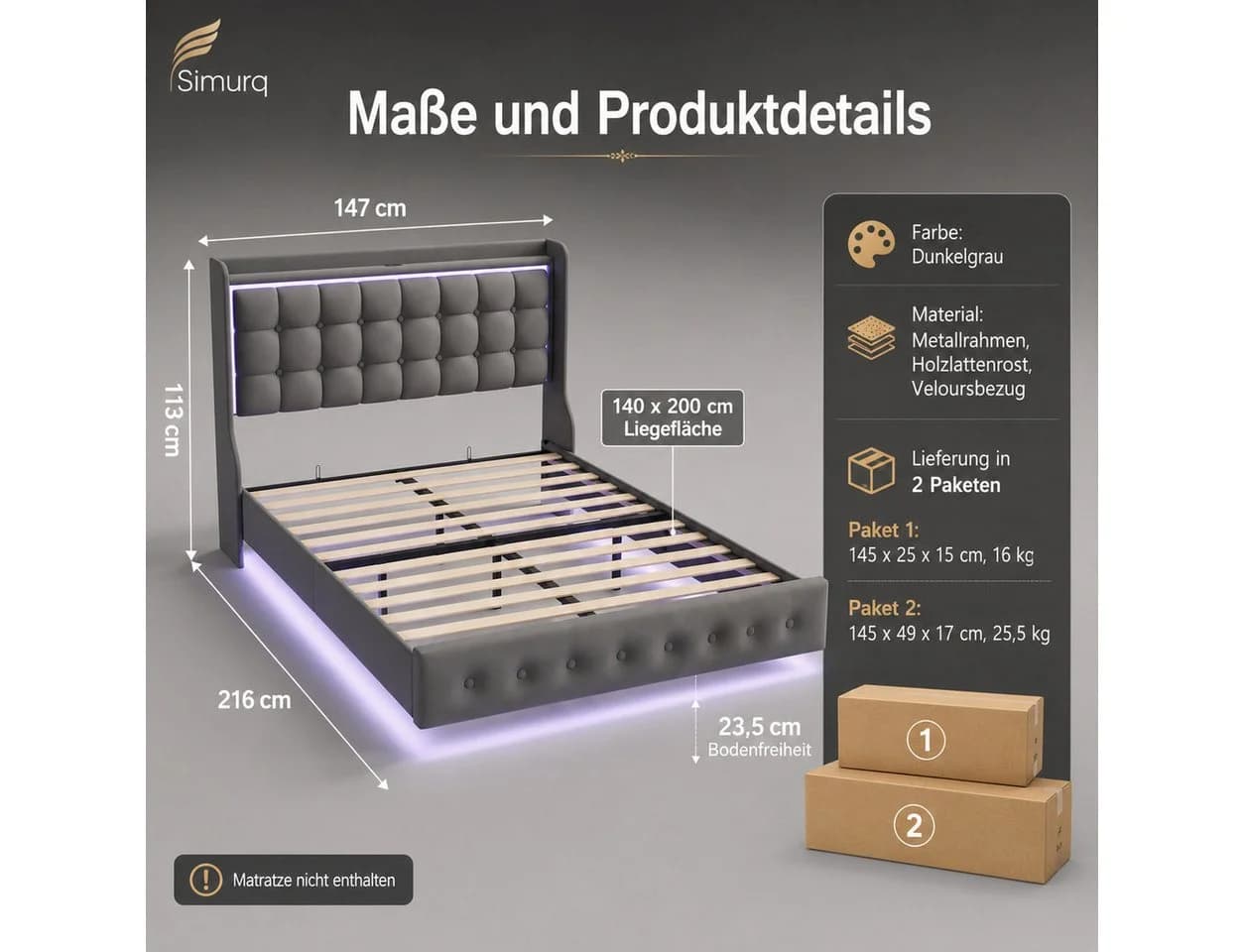 Simurq Polsterbett 140x200 mit Bettkasten, LED & USB, Dunkelgrau