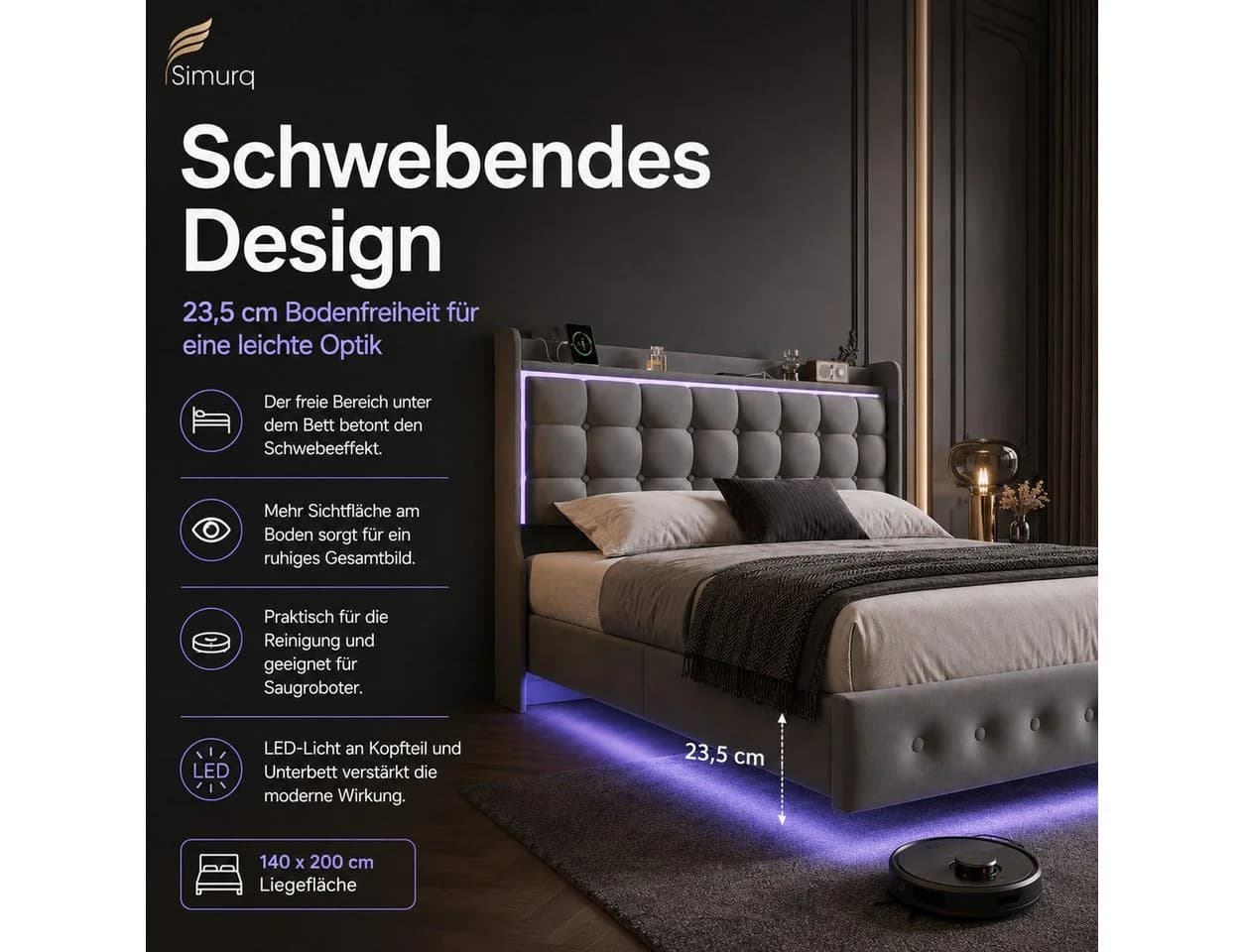 Simurq Polsterbett 140x200 mit Bettkasten, LED & USB, Dunkelgrau - Bild 3
