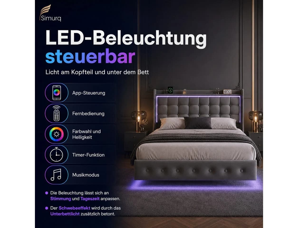 Simurq Polsterbett 140x200 mit Bettkasten, LED & USB, Dunkelgrau - Bild 5