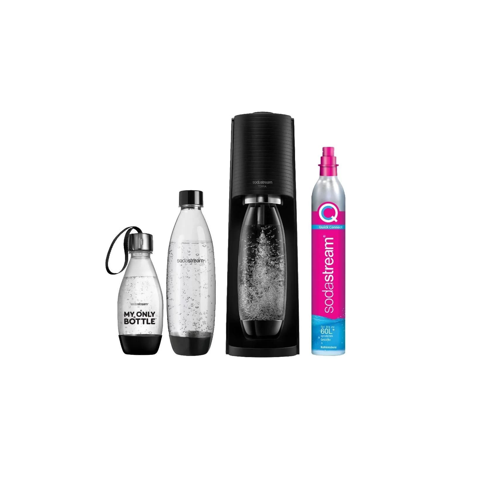 SodaStream Terra Wassersprudler Schwarz Vorteilspack inkl. 2x PET-Flasche 1L, 1x PET-Flasche 0,5L, 1x Quick-Connect Zylinder