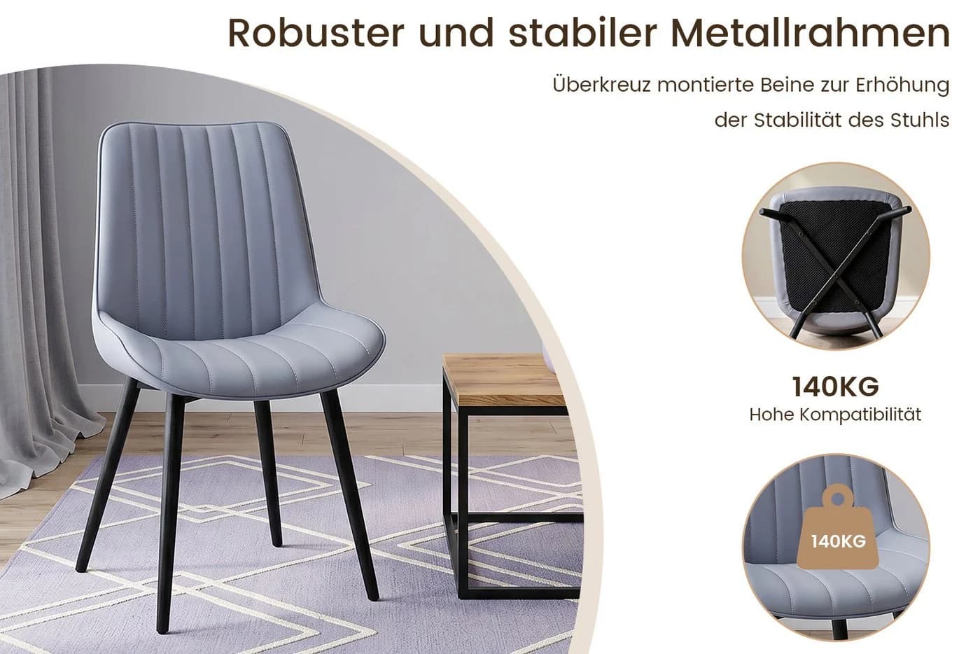 HOMAVO Esszimmerstuhl 2er Set Kunstleder Grau Metallbeine - Bild 4