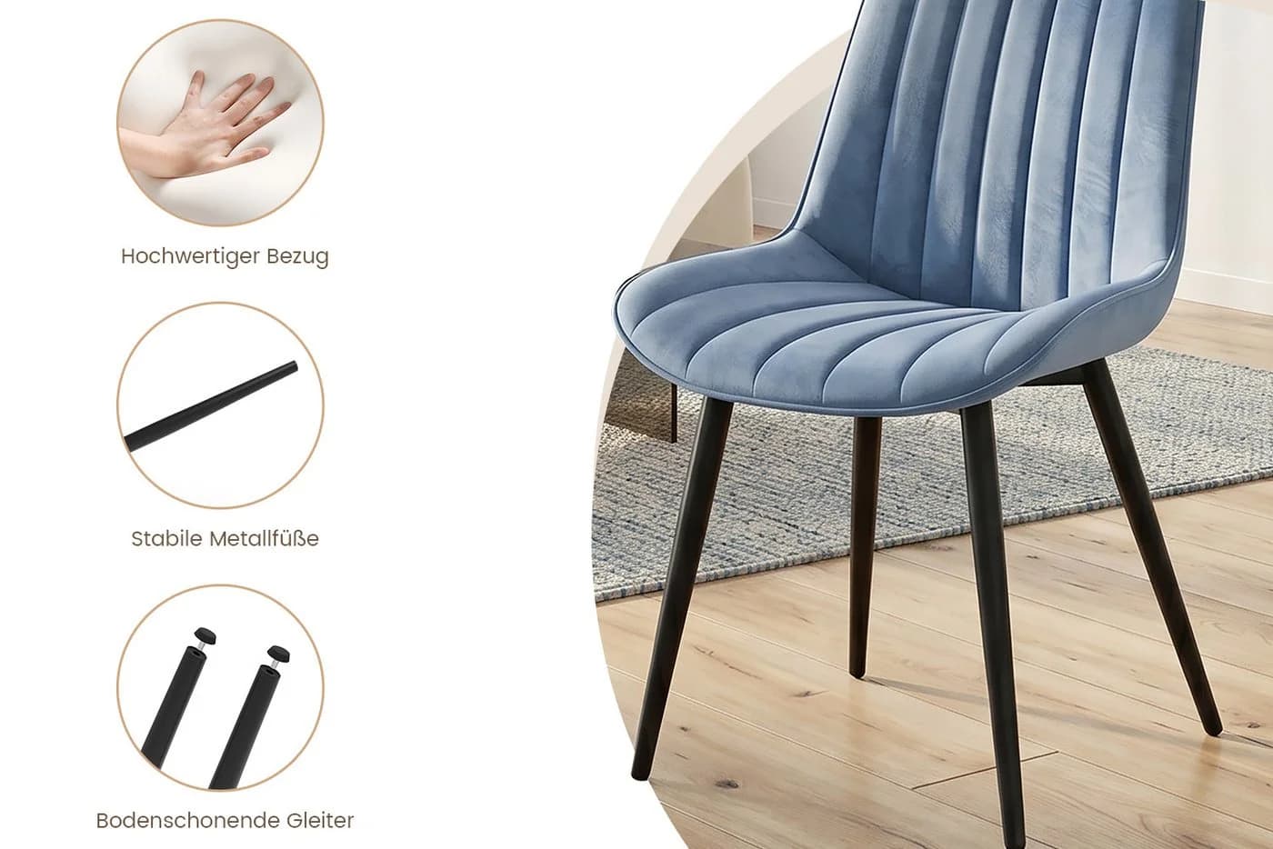 HOMAVO Esszimmerstuhl YZ1 2er Set Blau Samt Modern Gepolstert - Bild 3