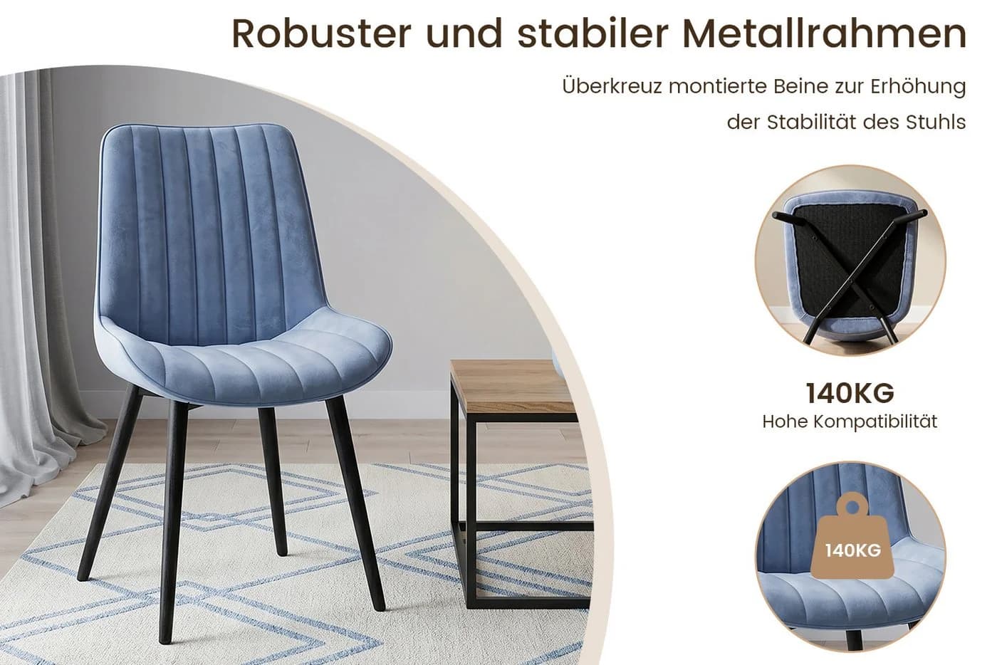 HOMAVO Esszimmerstuhl YZ1 2er Set Blau Samt Modern Gepolstert - Bild 4