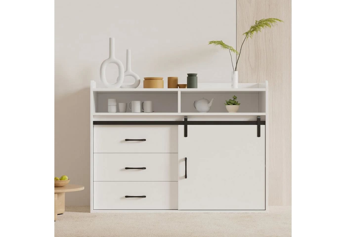 HOMAVO Sideboard HG1-S mit Schiebetür, 3 Schubladen & offenen Fächern Weiß