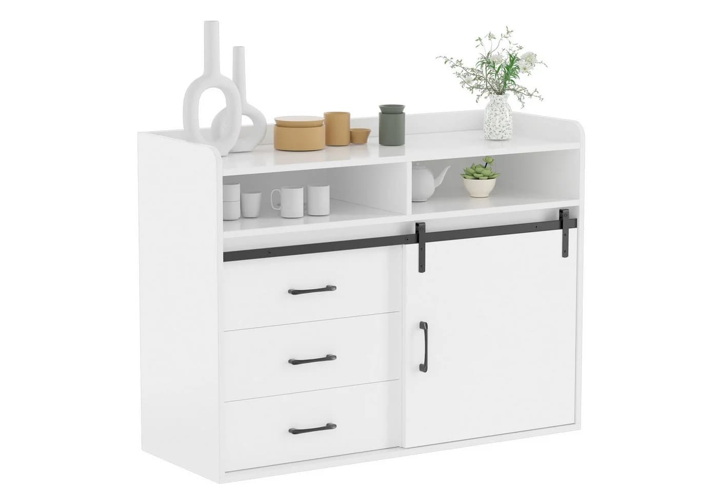 HOMAVO Sideboard HG1-S mit Schiebetür, 3 Schubladen & offenen Fächern Weiß - Bild 2