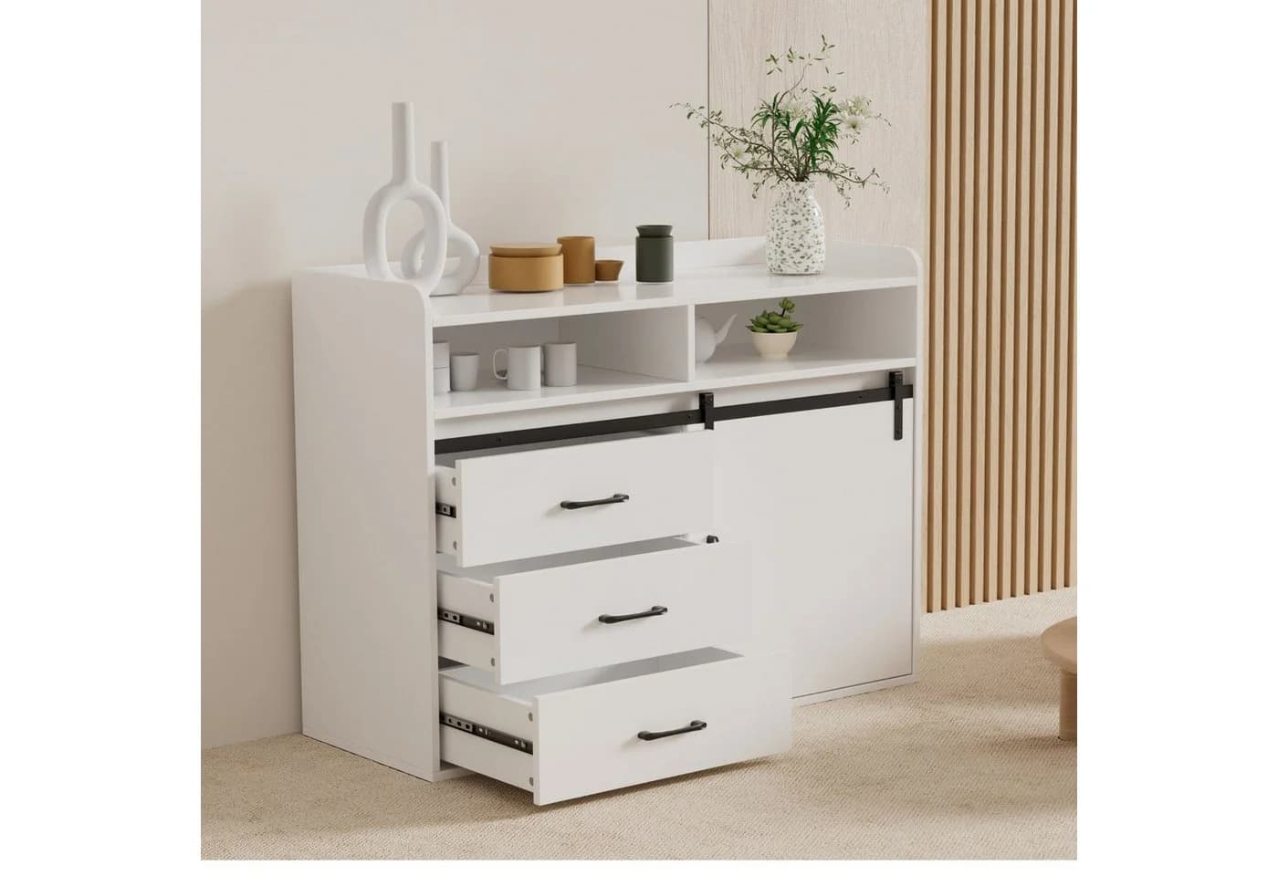 HOMAVO Sideboard HG1-S mit Schiebetür, 3 Schubladen & offenen Fächern Weiß - Bild 3