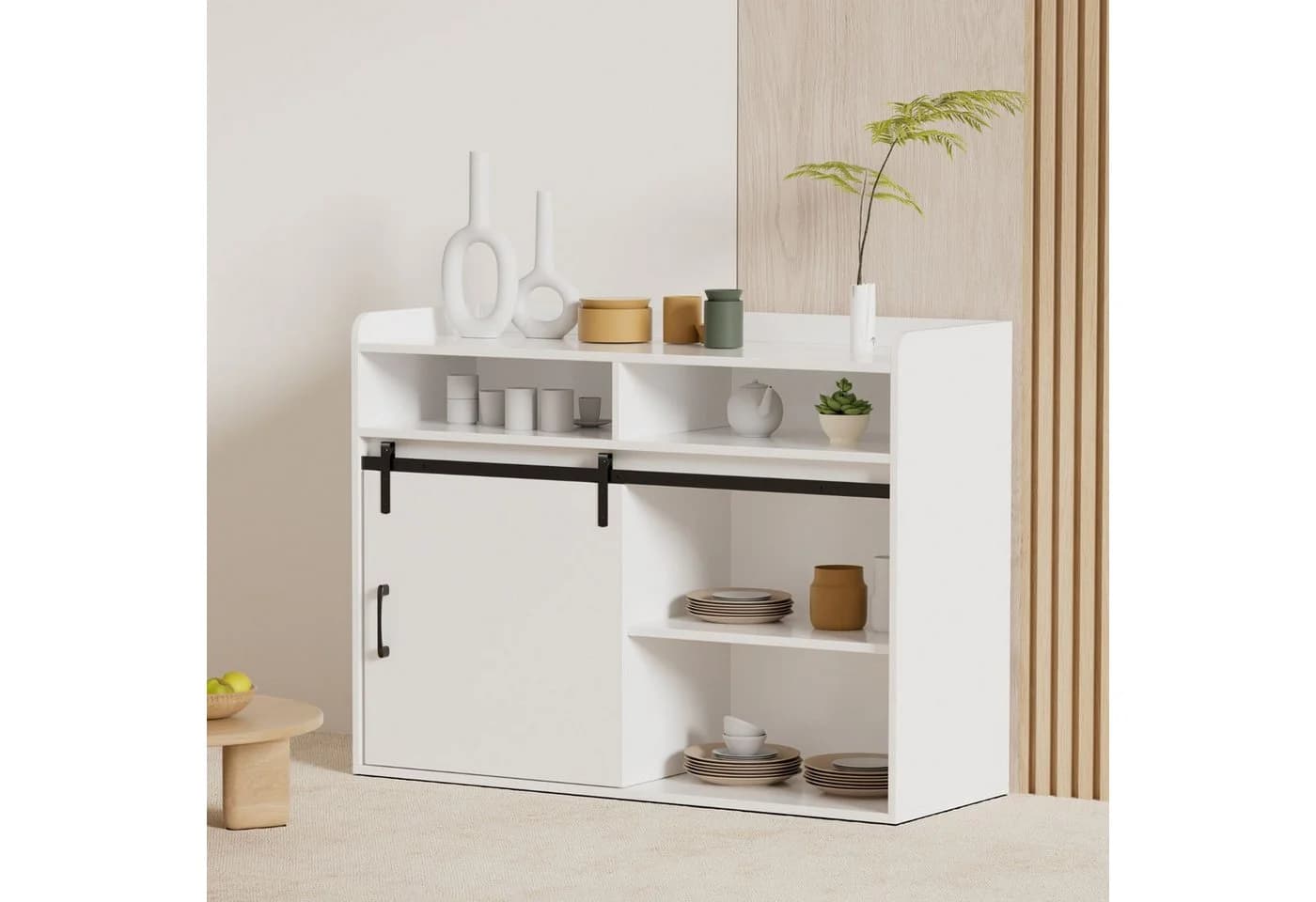 HOMAVO Sideboard HG1-S mit Schiebetür, 3 Schubladen & offenen Fächern Weiß - Bild 4