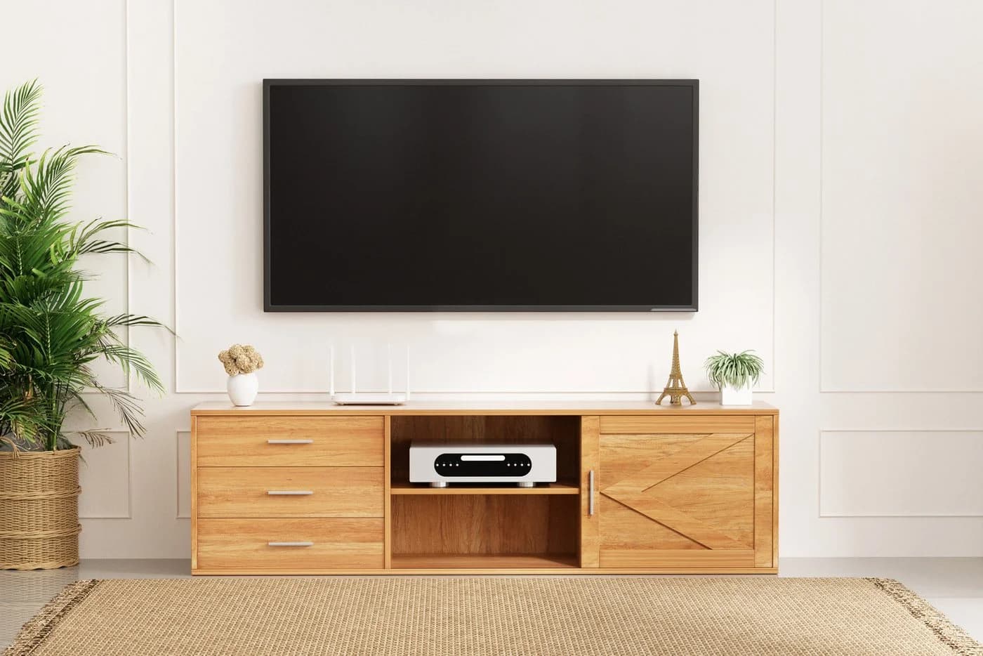 HOMAVO Lowboard TVG1-S mit 3 Schubladen & Schiebetür Natur