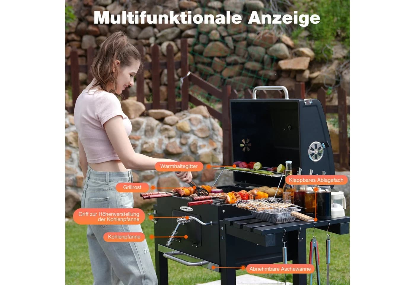 HOMAVO Holzkohlegrill mit Deckel, Thermometer & Regenschutz Schwarz