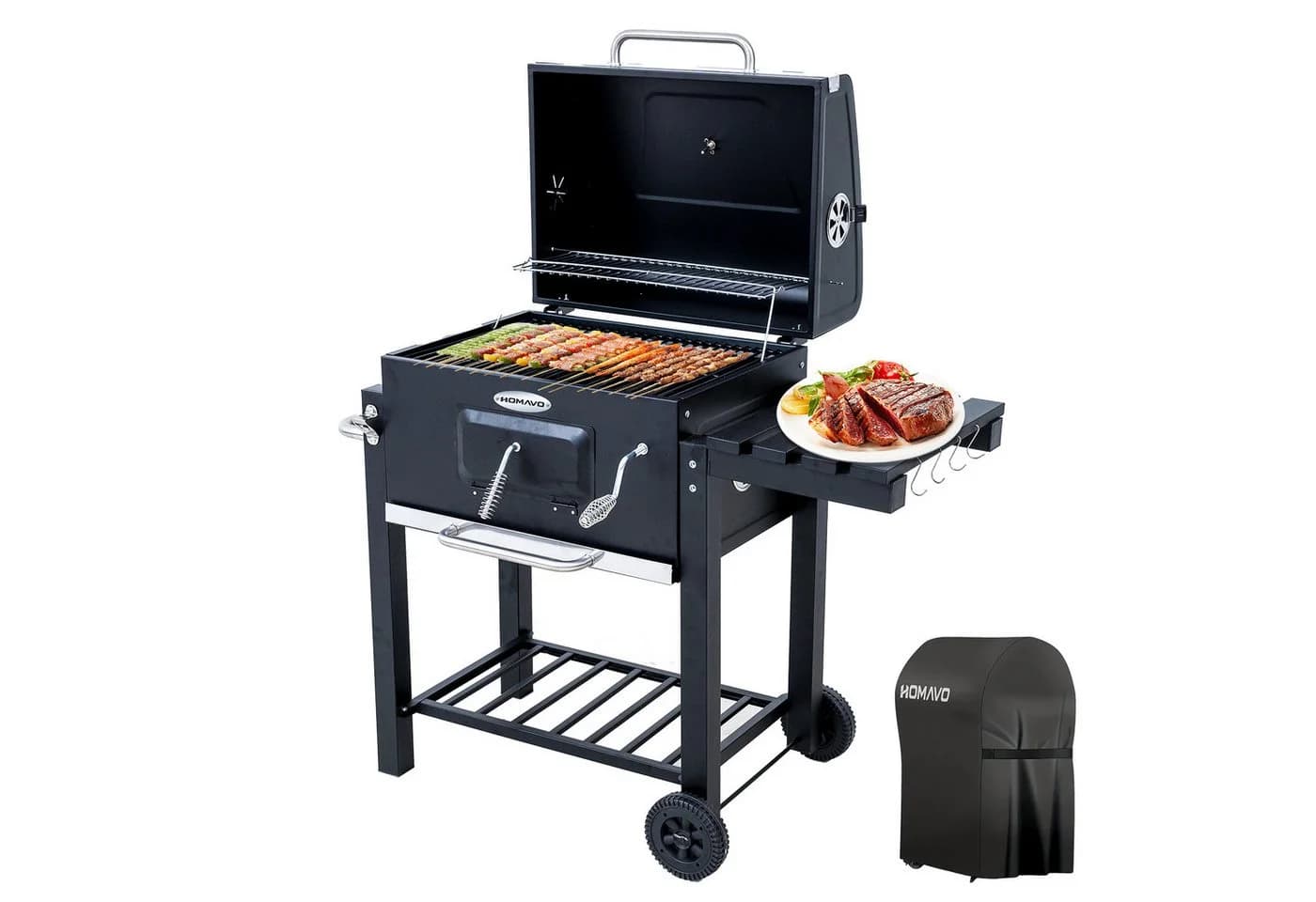 HOMAVO Holzkohlegrill mit Deckel, Thermometer & Regenschutz Schwarz - Bild 2