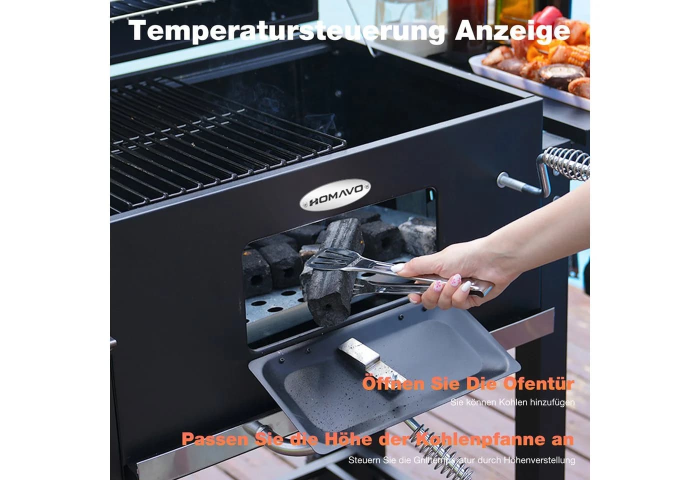 HOMAVO Holzkohlegrill mit Deckel, Thermometer & Regenschutz Schwarz - Bild 3