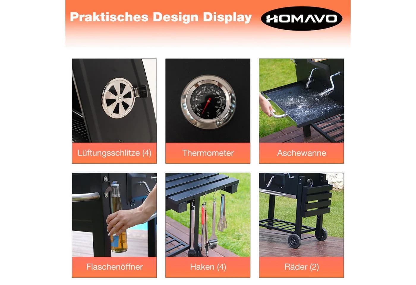 HOMAVO Holzkohlegrill mit Deckel, Thermometer & Regenschutz Schwarz - Bild 4