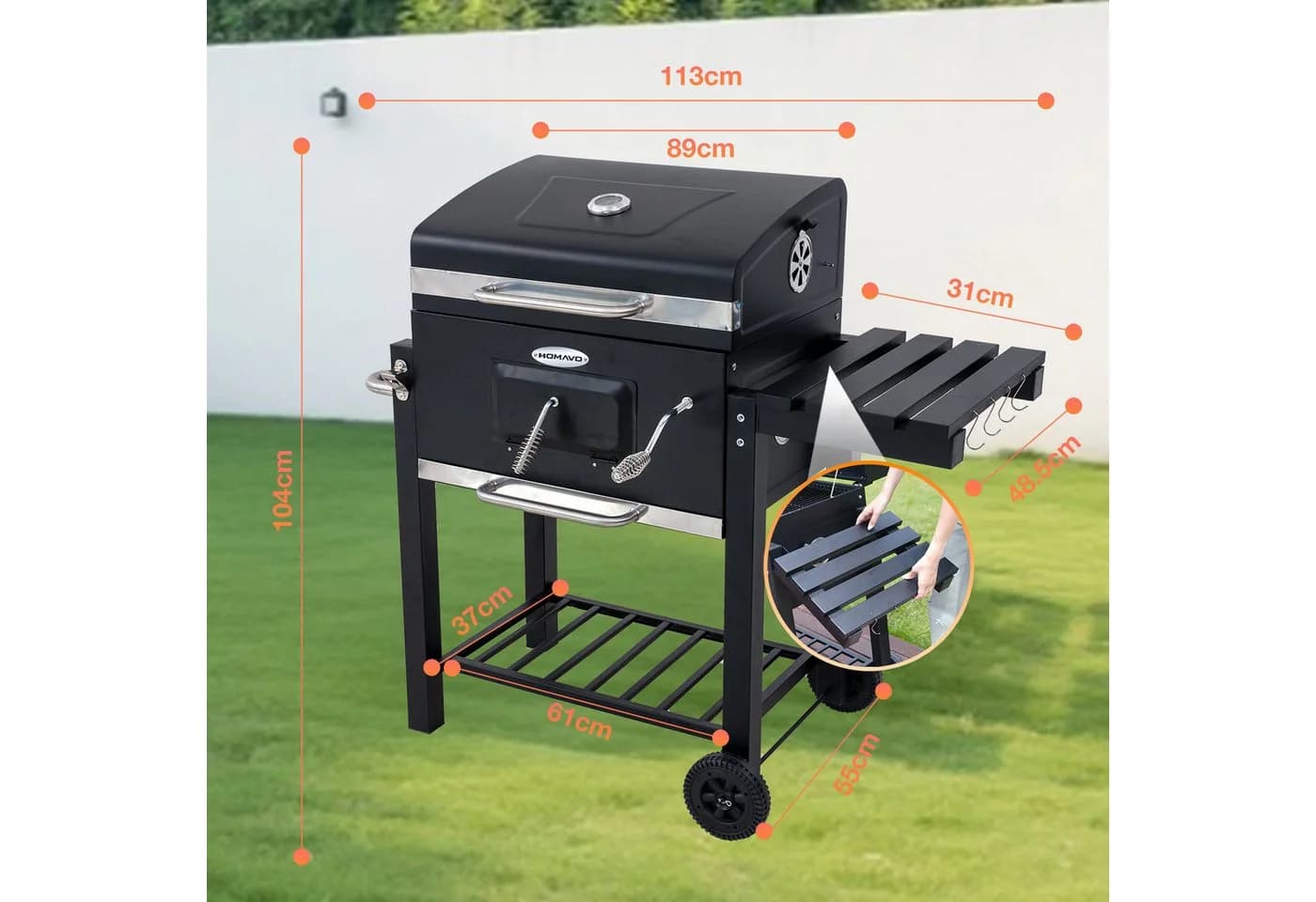 HOMAVO Holzkohlegrill mit Deckel, Thermometer & Regenschutz Schwarz - Bild 5