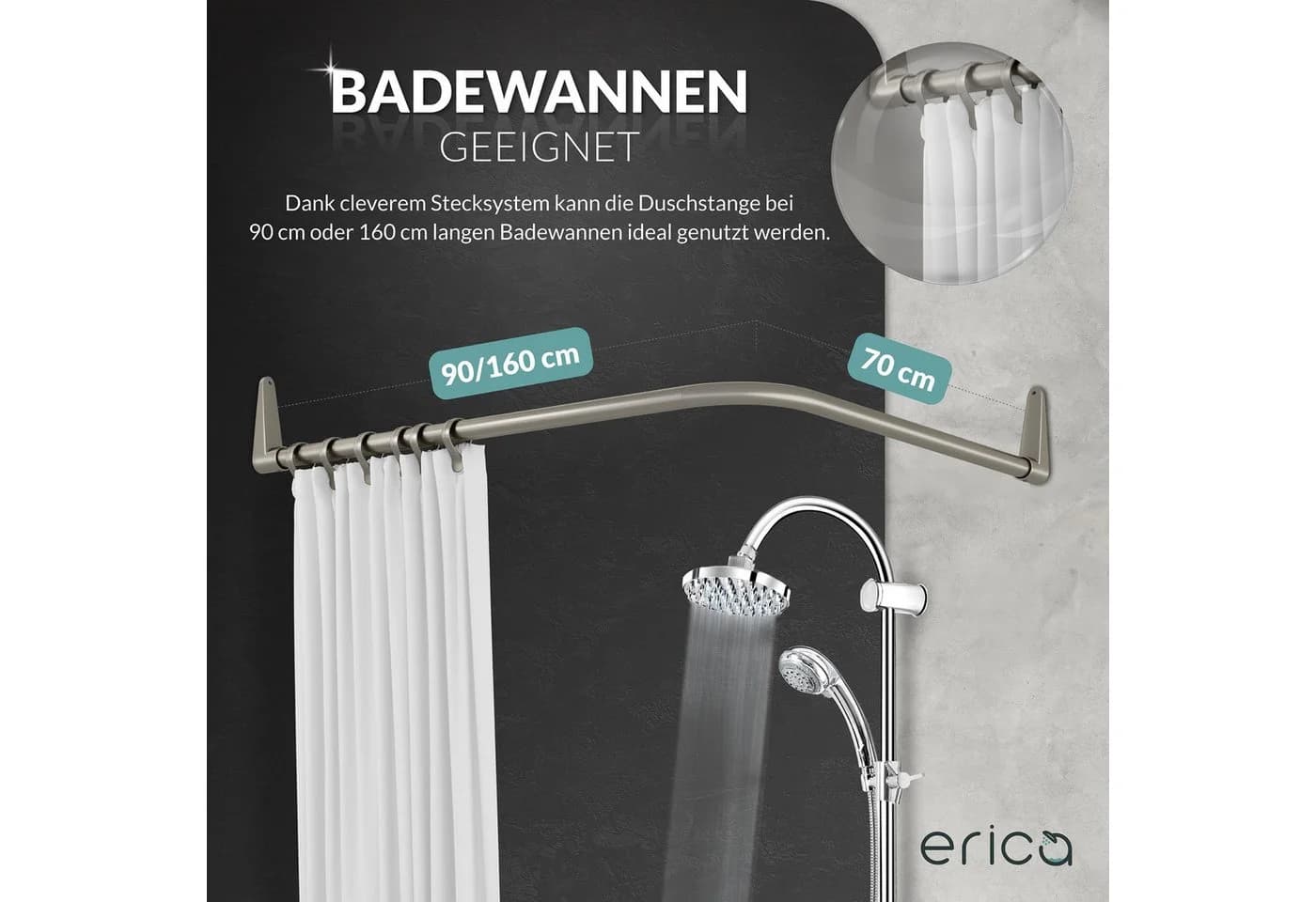 Erica Duschvorhangstange L-Form Grau Verstellbar Rostfrei