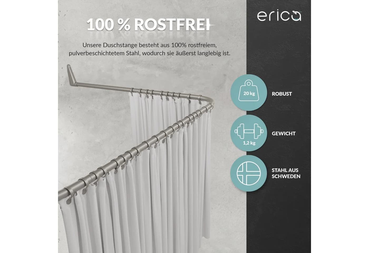 Erica Duschvorhangstange Grau U-Form 85x95x85 cm Rostfrei - Bild 5