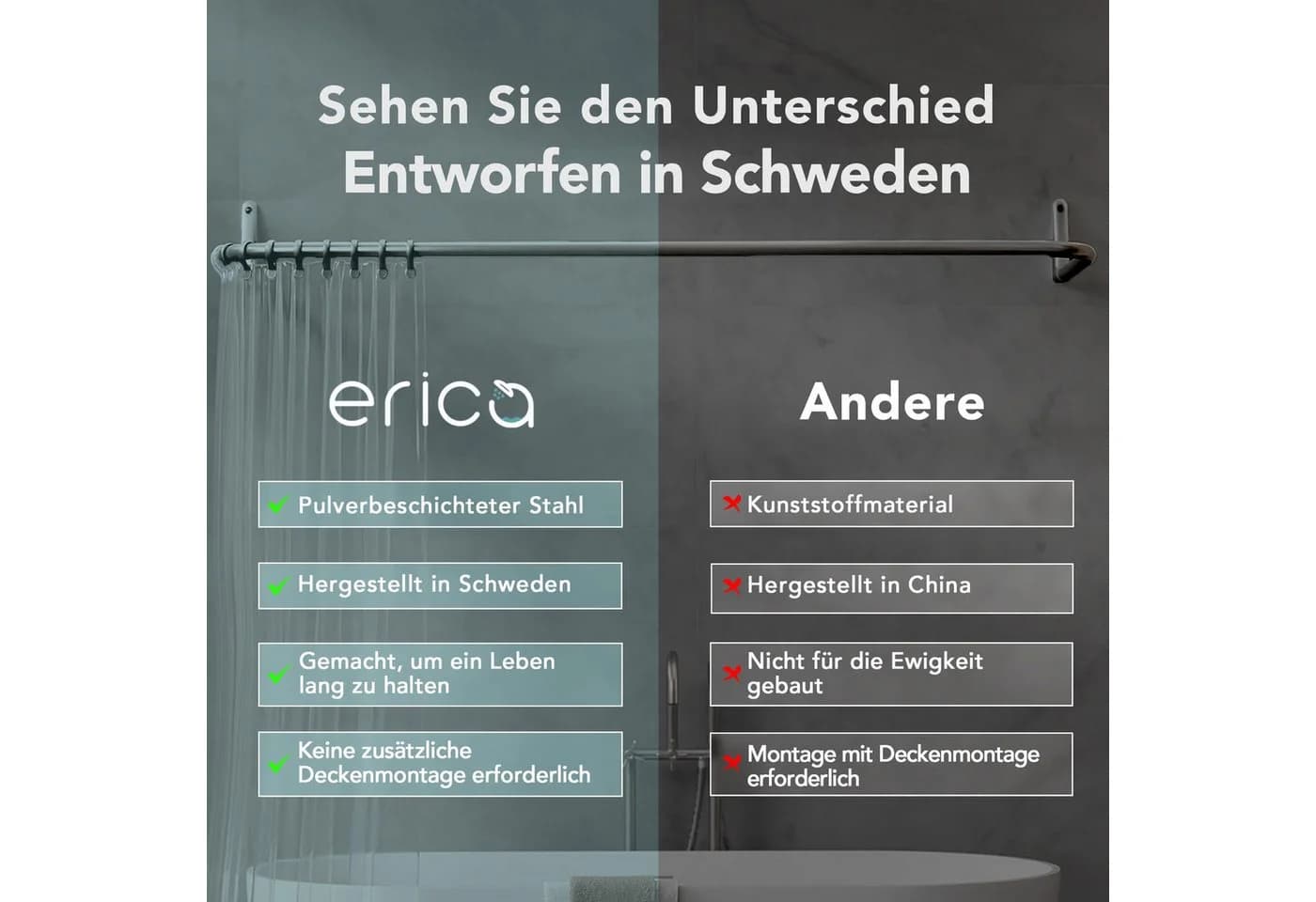 Erica Duschvorhangstange L-Form & U-Form Schwarz 4-in-1 Stahl - Bild 4