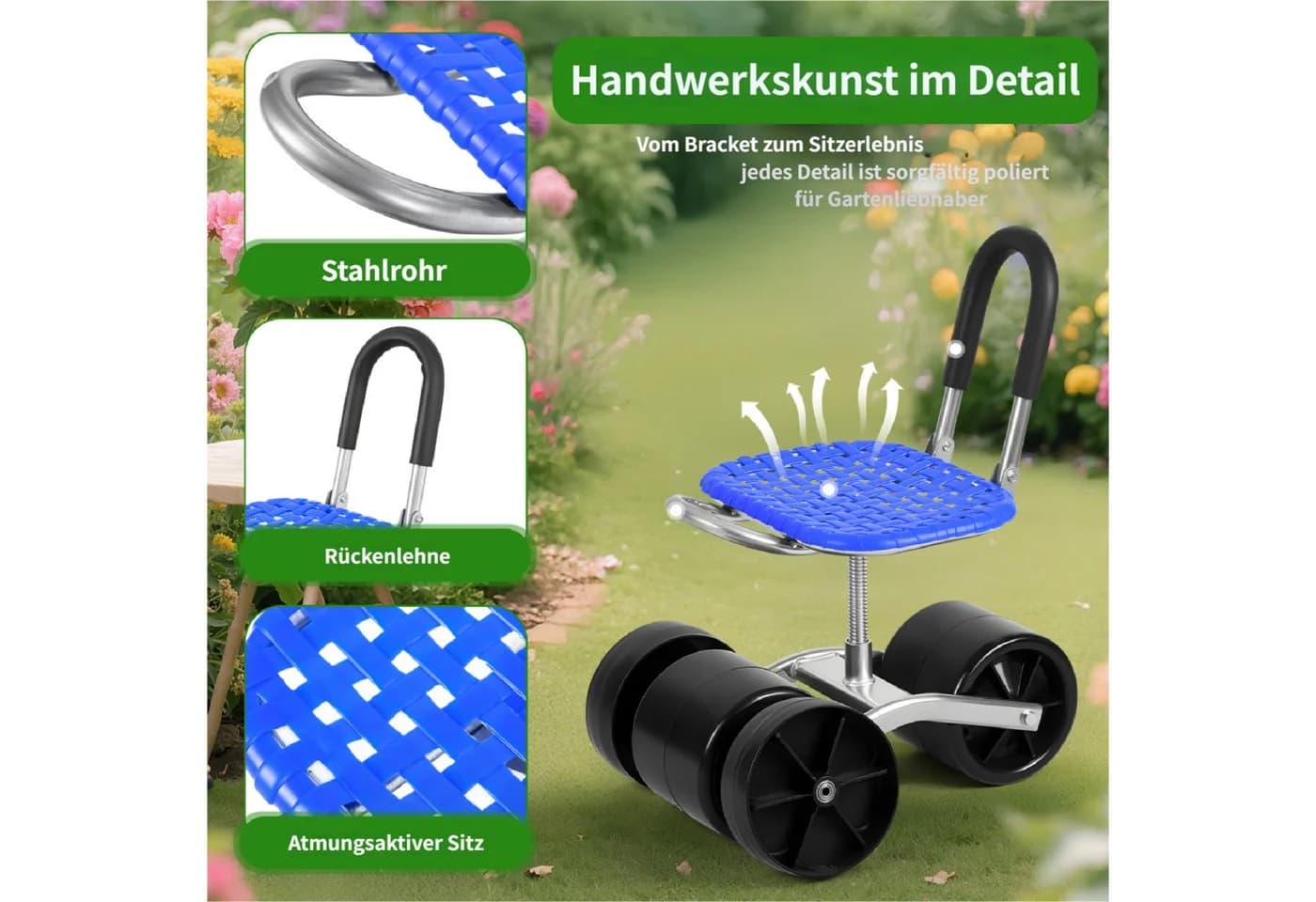 Rutaqian Bürowagen mit Rädern, höhenverstellbar, 360° Drehsitz - Bild 3