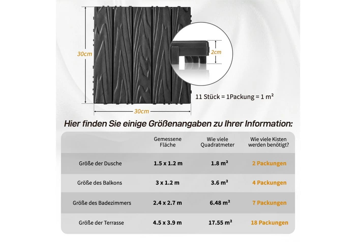 LEADZM Terrassenfliesen 11er Set Dunkelgrau Klick-System - Bild 5