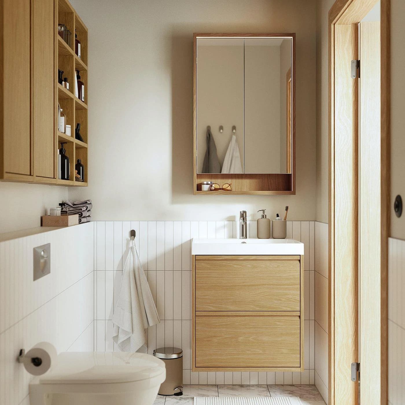 IKEA FAXÄLVEN Spiegelschrank mit Beleuchtung Eichenachbildung Braun