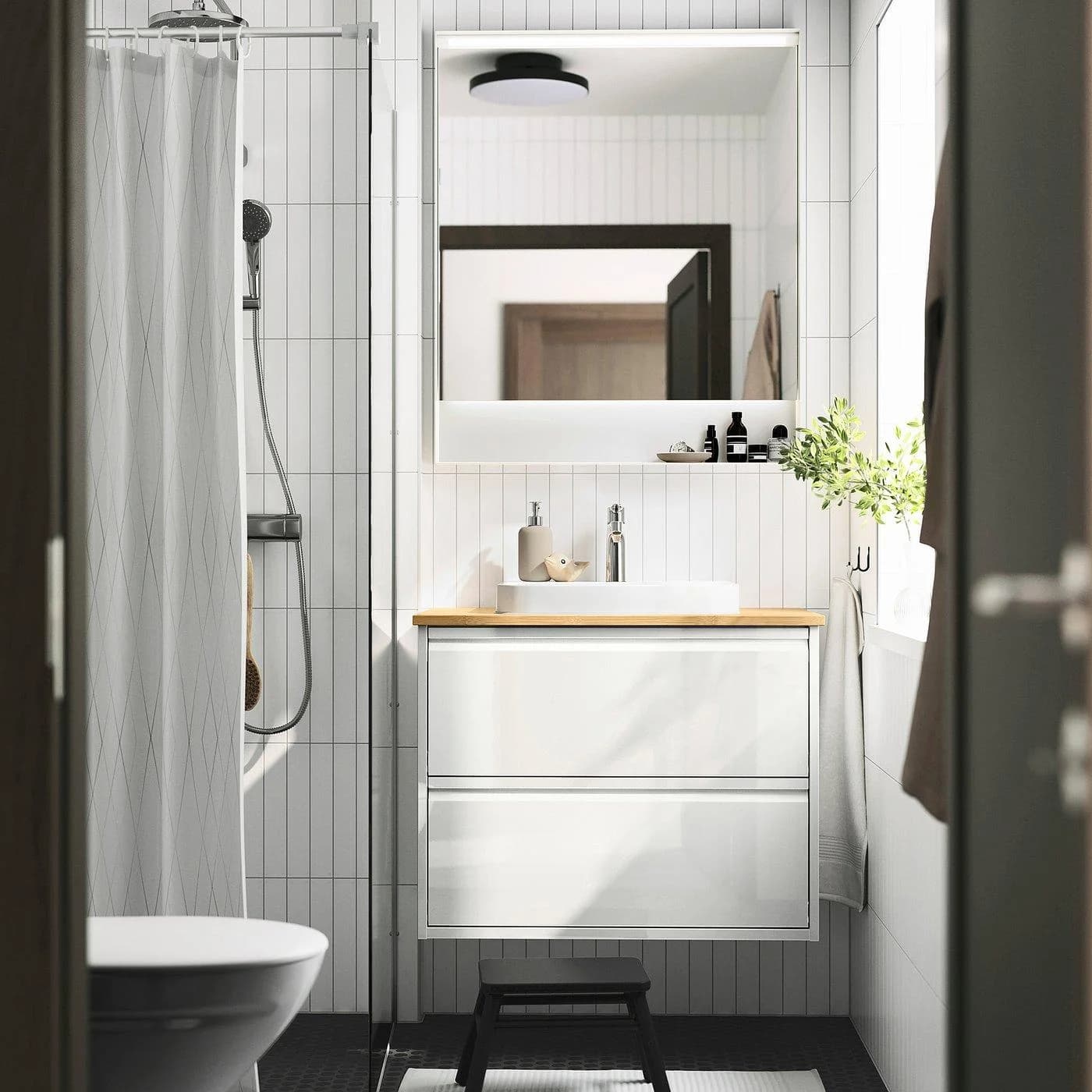 IKEA ÄNGSJÖN / BACKSJÖN Waschbeckenschrank mit Schubladen, Weiß/Bambus